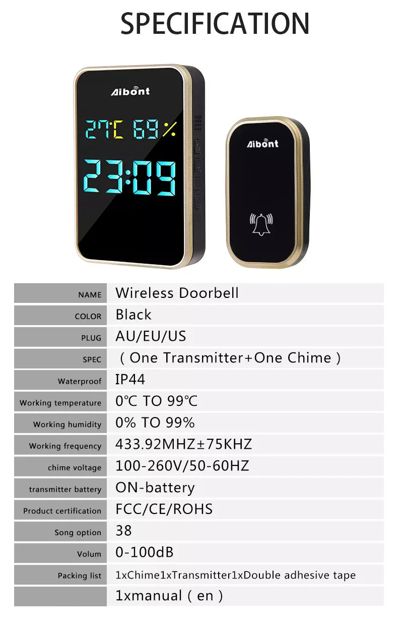 Kabellose Türklingel, batterie- und stromlos, Temperatur-, Feuchtigkeits- und Zeitanzeige, 433 MHz, für Zuhause, Außenbereich, Willkommensklingel