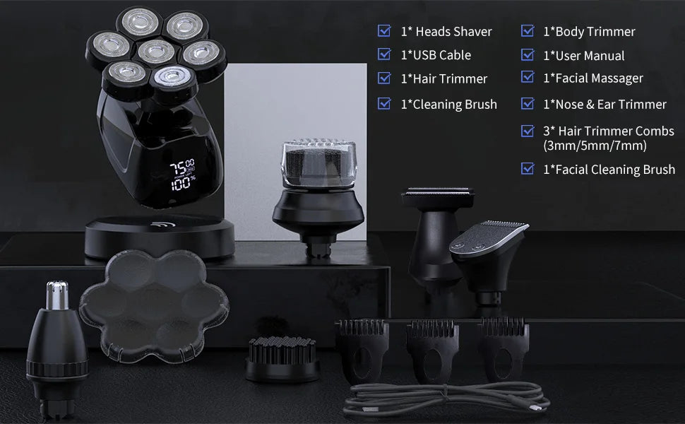 SEJOY Multifunctional 7D Head Shavers for Bald Men 6-in-1 Electric Razor with Nose Hair Trimmer Waterproof Mens Grooming Kit