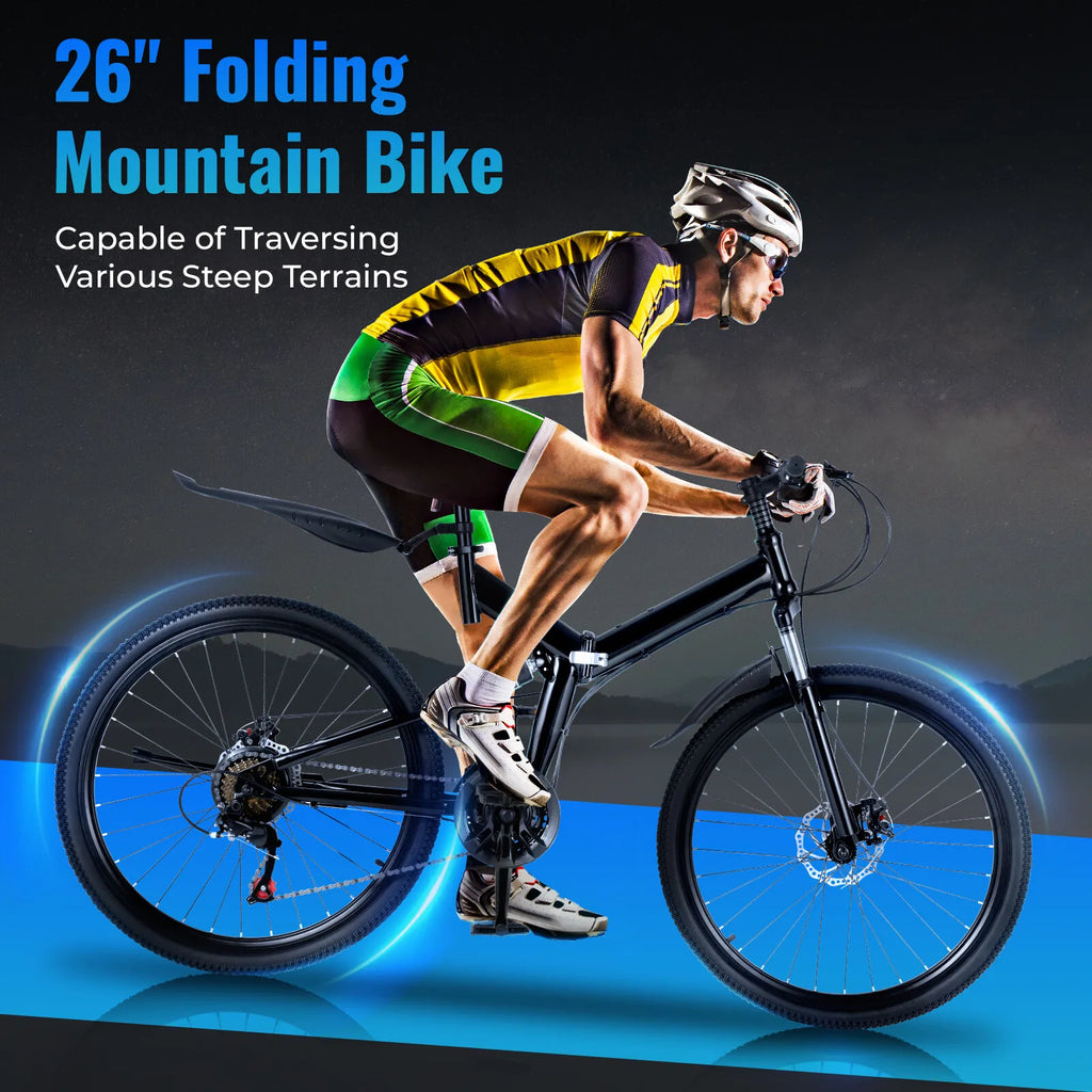 Black 26" Foldable Mountain Bike Carbon Steel - 21 Speeds (3 Front/7 Rear Gears), 220Lbs Max Load, Argon Arc Welding