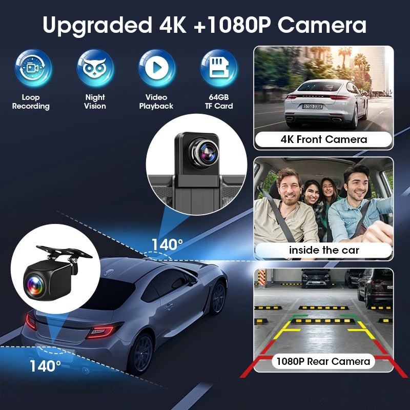 4K Dash Cam — Wireless CarPlay, Dual Lens