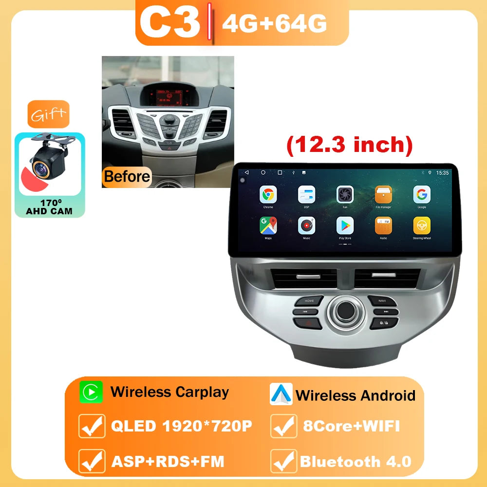 12.3" Android 15 Car Radio — Compatible with Ford Fiesta | QLED | 4G