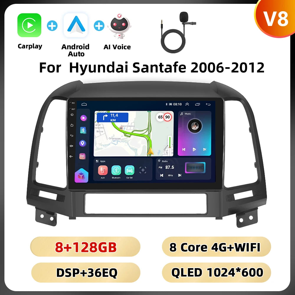 Podofo Hyundai Santa Fe — 8+128G, CarPlay, 4G
