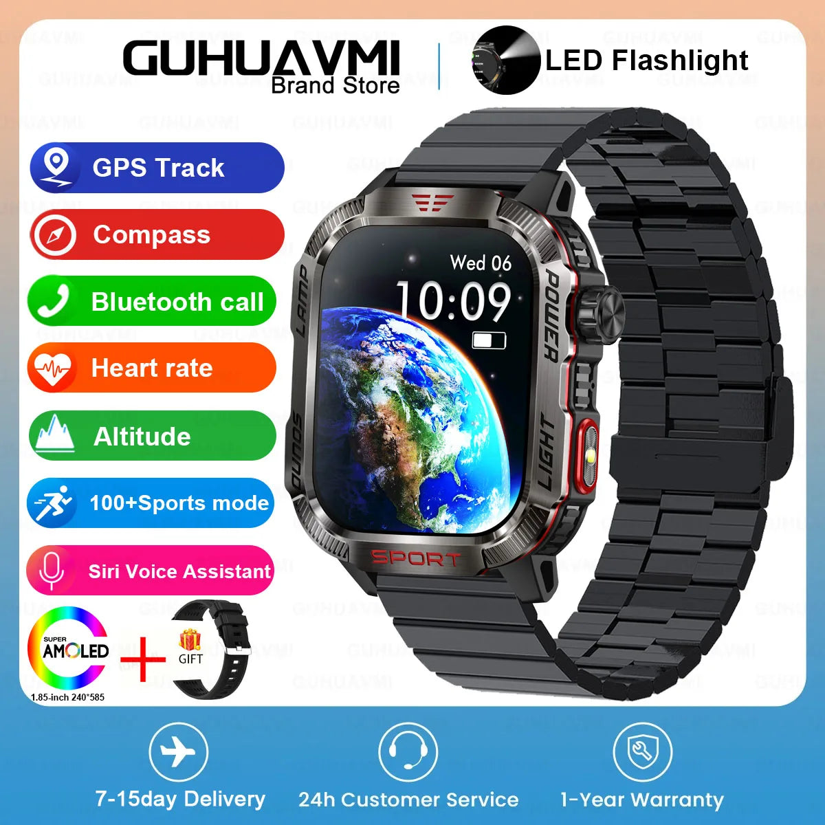 GUHUAVMI Outdoor Watch — AMOLED, GPS, Bluetooth