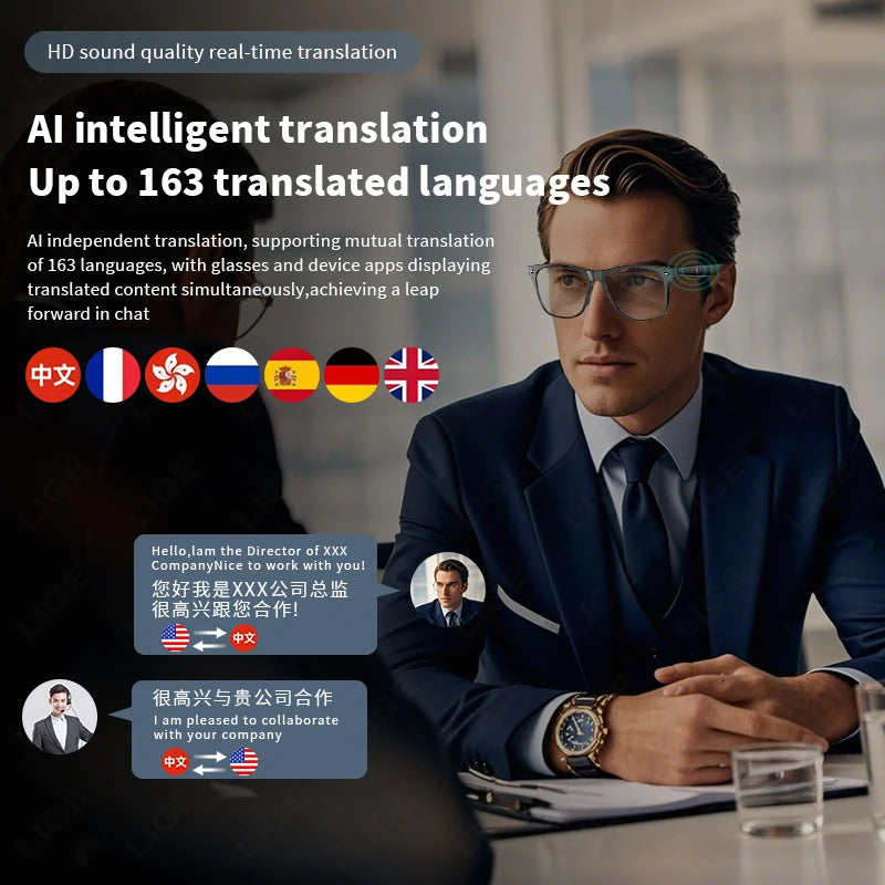 LIGE Smart Glasses – Kabelloses Bluetooth, integriertes Mikrofon, Touch-Steuerung & Übersetzung