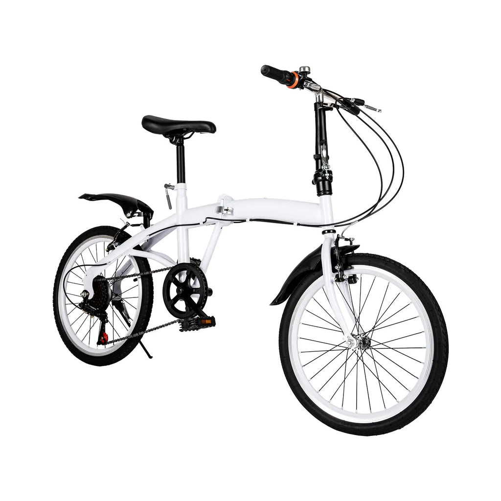 White Foldable Bicycle for Kids & Adults (4.6-6.2ft) - 6-Speed, Dual V-Brakes,Portable for Outdoor, Muddy, Mountain Roads
