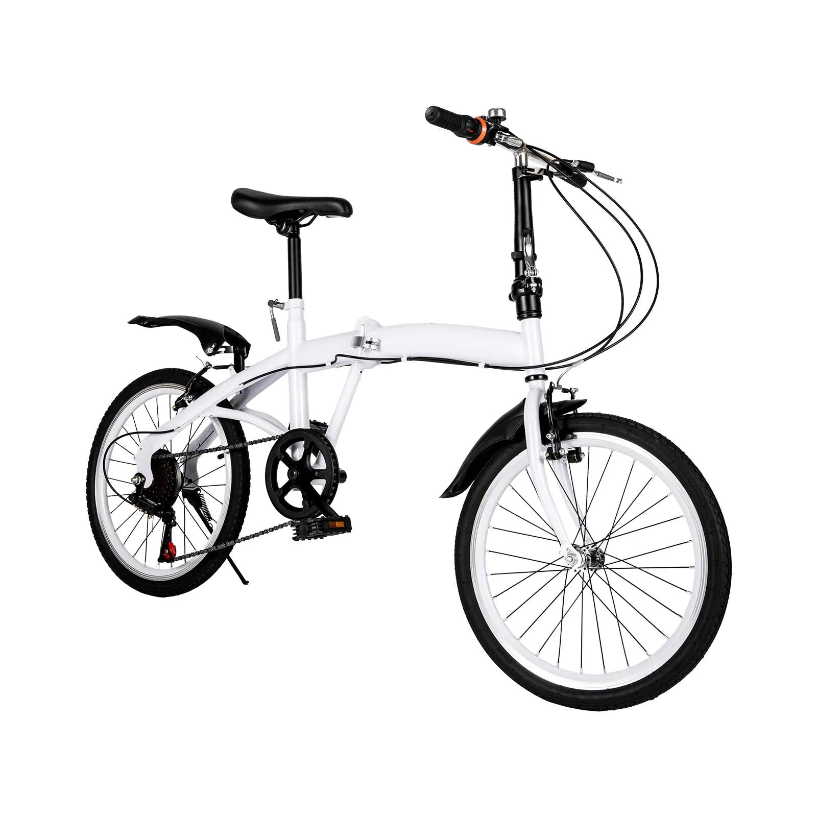 White Foldable Bicycle for Kids & Adults (4.6-6.2ft) - 6-Speed, Dual V-Brakes,Portable for Outdoor, Muddy, Mountain Roads