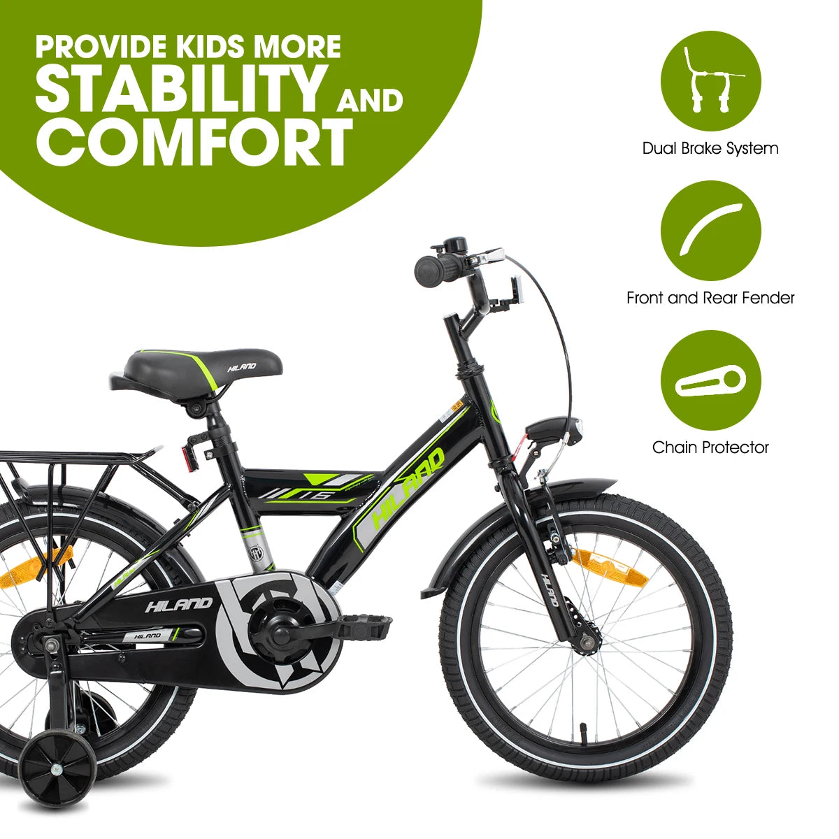 Hiland 16/18 Inch Kids Bike, Bike for Boys and Girls 4-9 Years, Black/White Kids Bicycle with Luggage Rack Stabilisers