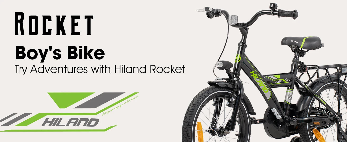 Hiland 16/18 Inch Kids Bike, Bike for Boys and Girls 4-9 Years, Black/White Kids Bicycle with Luggage Rack Stabilisers