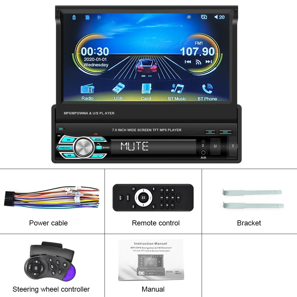 Podofo 1Din — Retractable Screen, CarPlay, Android Auto