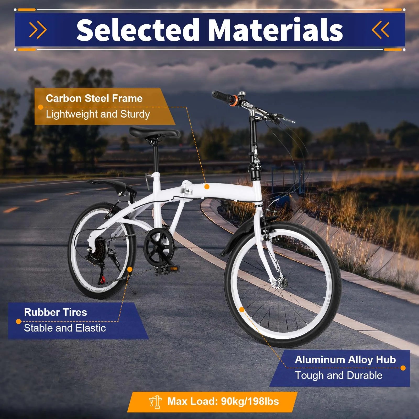 White Foldable Bicycle for Kids & Adults (4.6-6.2ft) - 6-Speed, Dual V-Brakes,Portable for Outdoor, Muddy, Mountain Roads