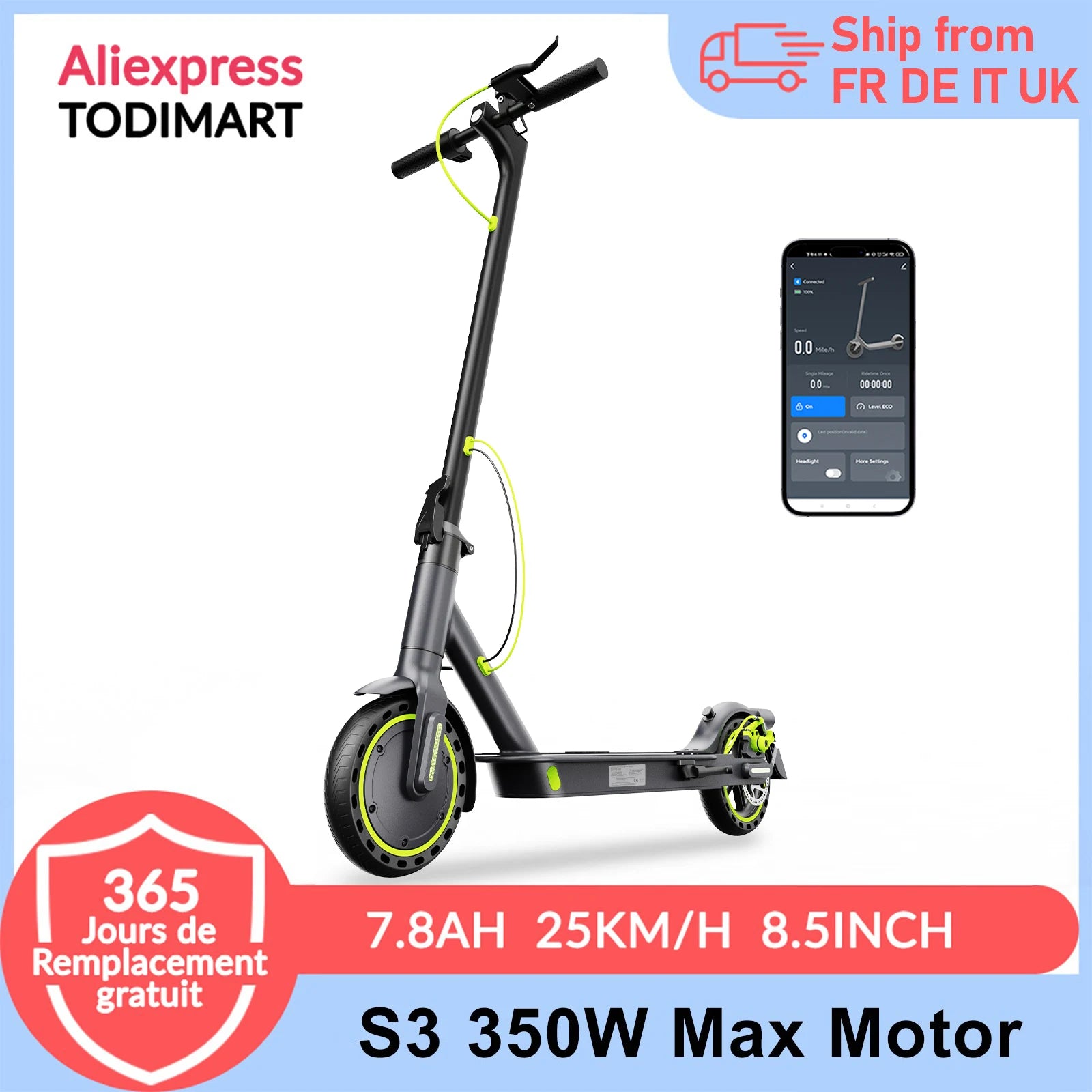 TODIMART S3 350W Portable Electric Scooter for Adults Fast Commuter e scooter with APP 36V 7.8Ah APP 25km/h 8.5'' Solid Tires