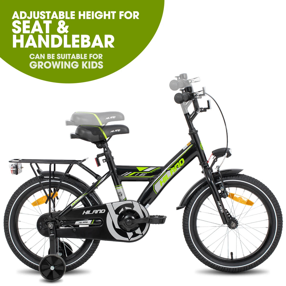 Hiland 16/18 Inch Kids Bike, Bike for Boys and Girls 4-9 Years, Black/White Kids Bicycle with Luggage Rack Stabilisers