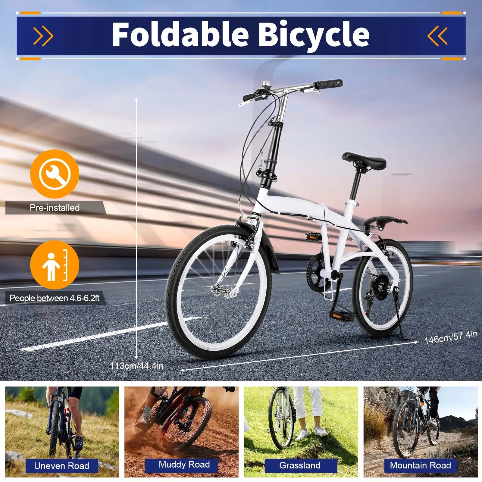 White Foldable Bicycle for Kids & Adults (4.6-6.2ft) - 6-Speed, Dual V-Brakes,Portable for Outdoor, Muddy, Mountain Roads