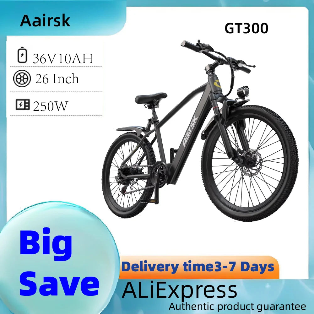 Aairsk GT300 Adult E-bike 250W Motor 36V 10Ah Battery Electric Bike 26 Inch Fat Tire E-Mountain bike Off-road Electric bicycle