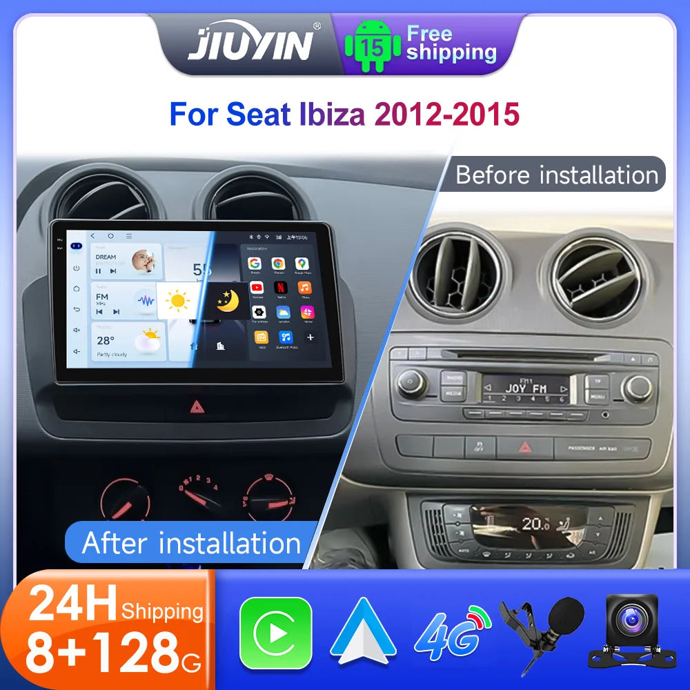 JIUYIN 9" Autoradio Android 15 für Seat Ibiza 2012-2015 Auto Multimedia Video Player WIFI BT GPS Navigation Audio Stereo Bildschirm
