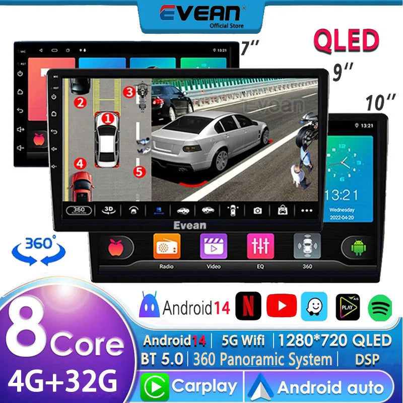 Evean 2Din Radio — Android 14, QLED, 360 Camera