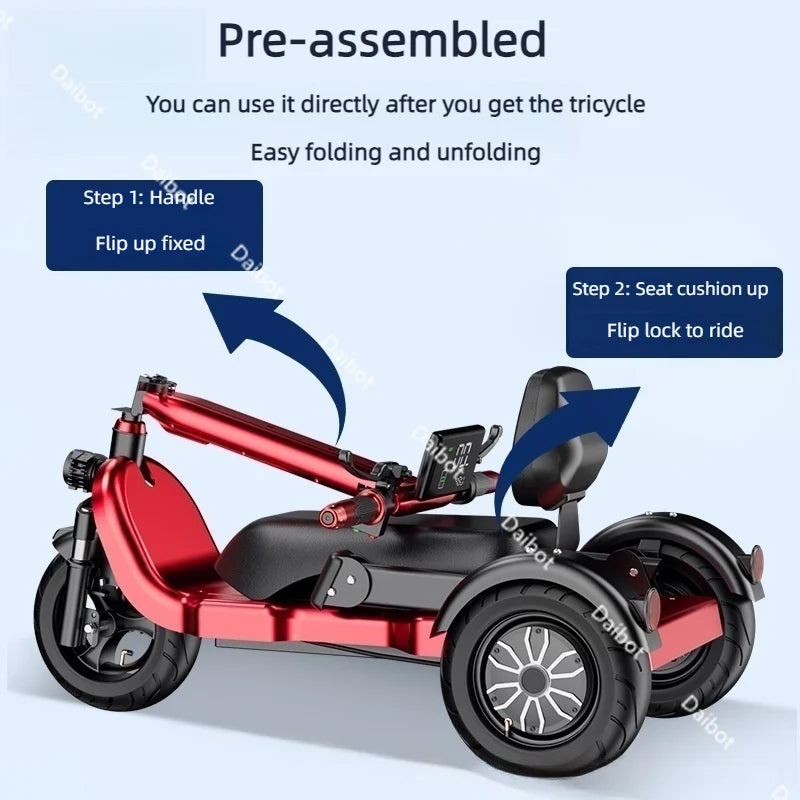 Family 3 Wheel Foldable Mobility Scooter For Seniors Anti-Theft Alarm 2 Seat Long Range 1000W Small Electric Tricycle Folding
