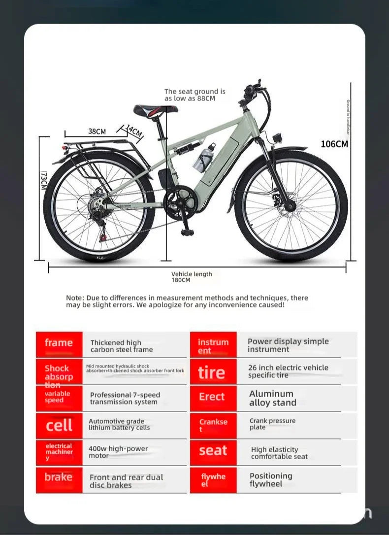 Ebike 400W motor 48V 30AH lithium battery 26-inch tire electric bicycle, urban commuting and transportation adult electric bike