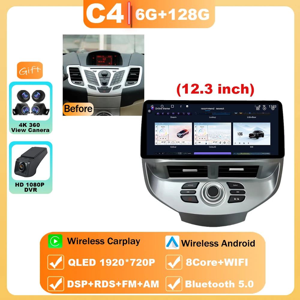 12.3" Android 15 Car Radio — Compatible with Ford Fiesta | QLED | 4G