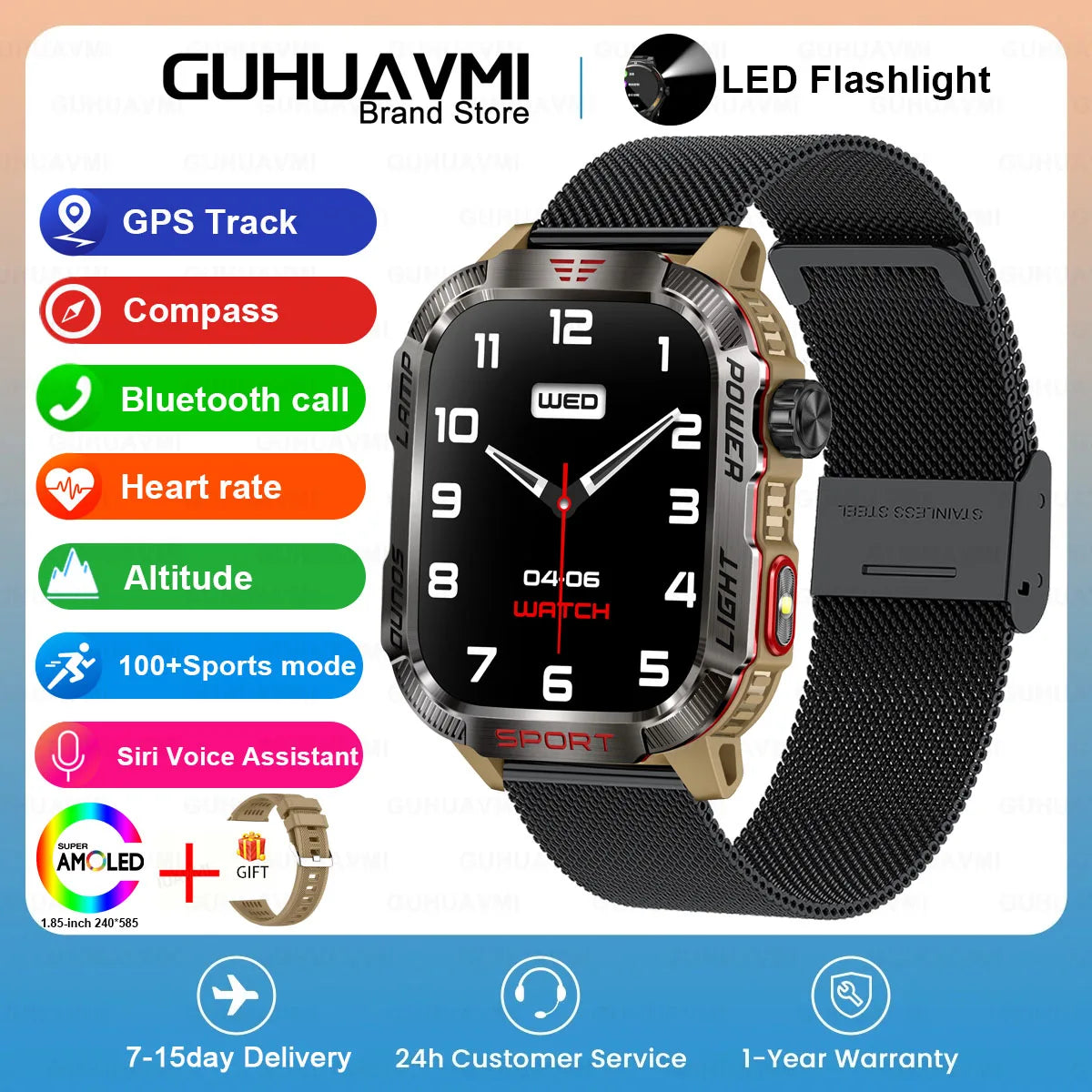 GUHUAVMI Outdoor Watch — AMOLED, GPS, Bluetooth