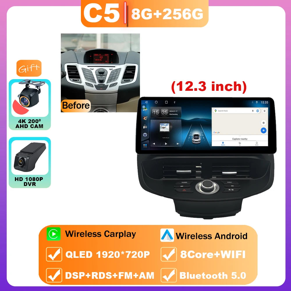 12.3" Android 15 Car Radio — Compatible with Ford Fiesta | QLED | 4G