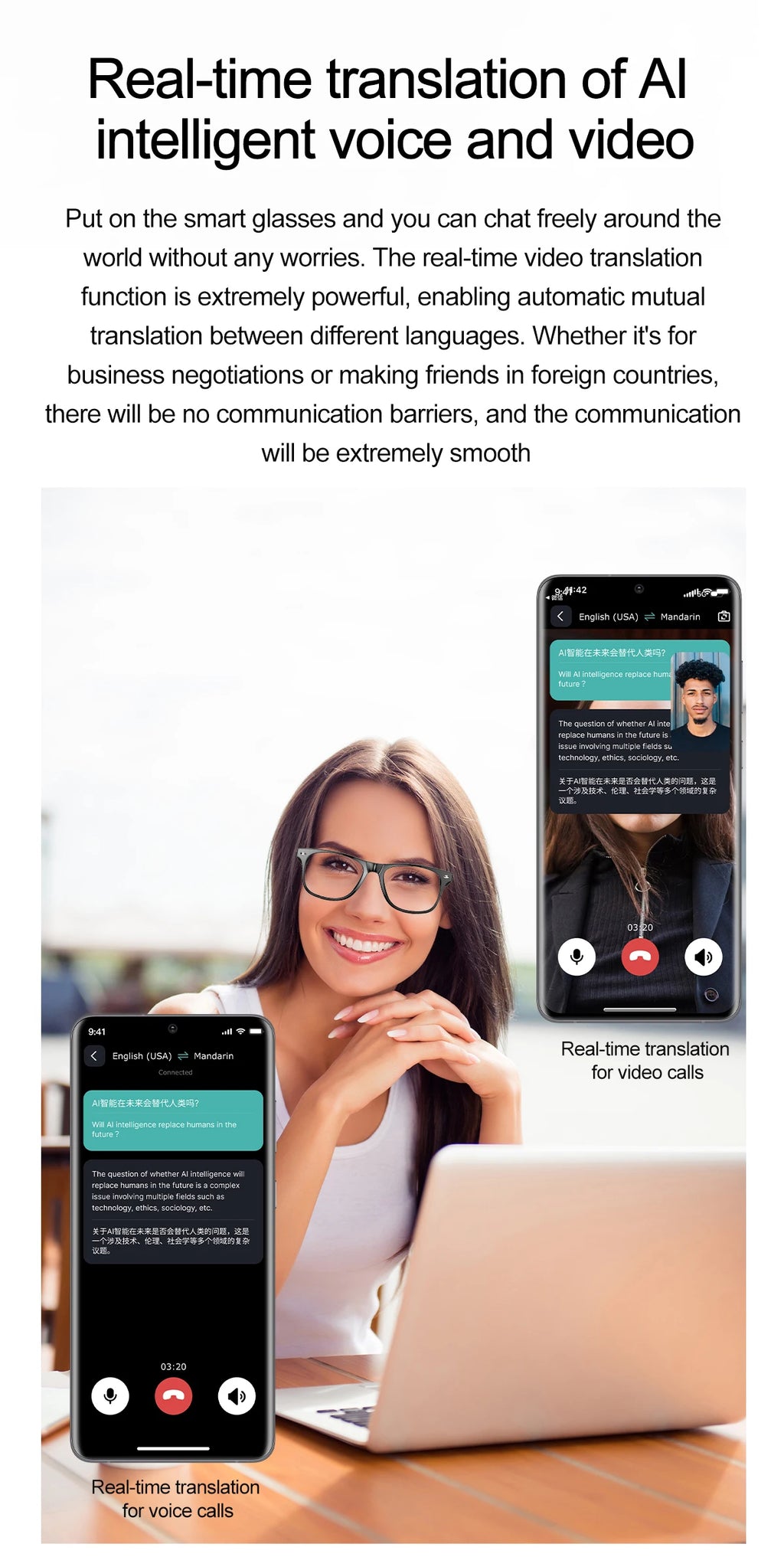 LIGE Smart Glasses – Kabelloses Bluetooth, integriertes Mikrofon, Touch-Steuerung & Übersetzung