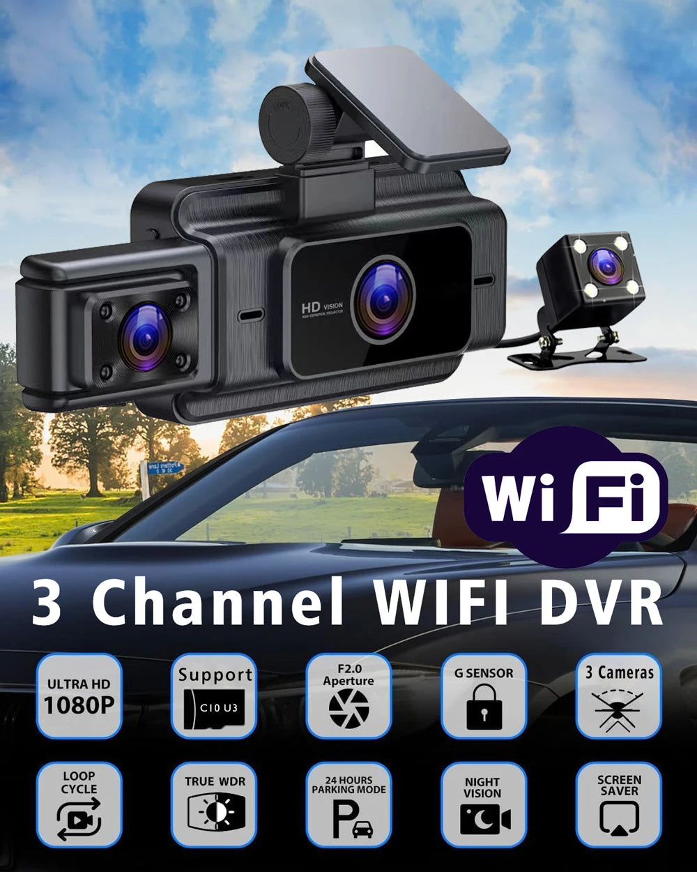 WiFi 3-Channel Dash Cam — 1080P, Cabin Lens