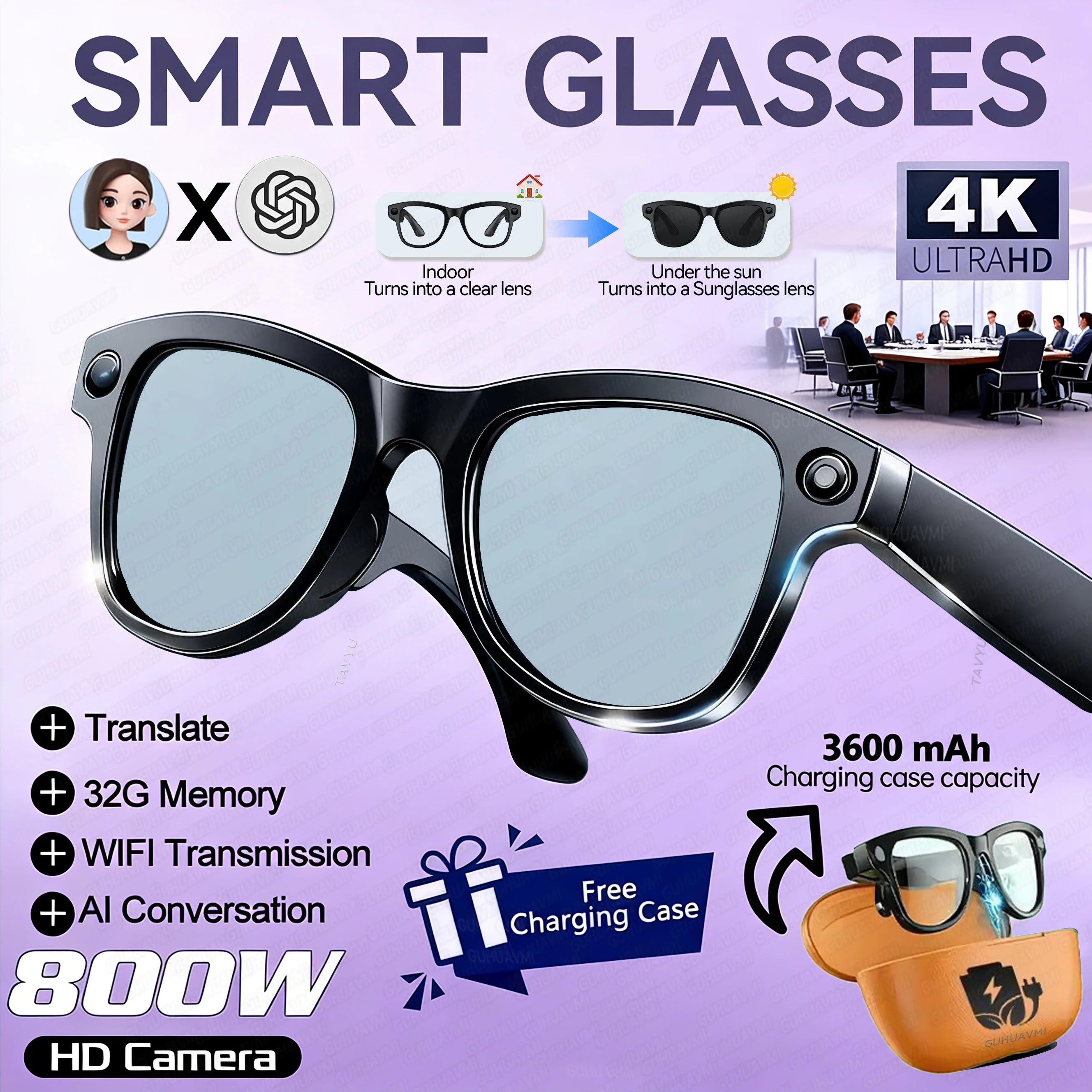 Lunettes connectées IA — Appareil photo 800 MP, batterie externe 3600 mAh, traduction de plus de 100 langues, Wi-Fi
