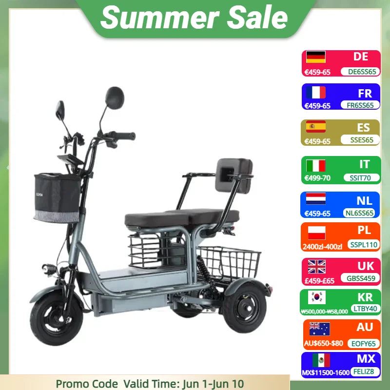 Powerful Parent Child Adult Electric Tricycle 3 Wheel For Elderly 2 Seat 800W Battery Removable Long Range Electric Scooter 60KM