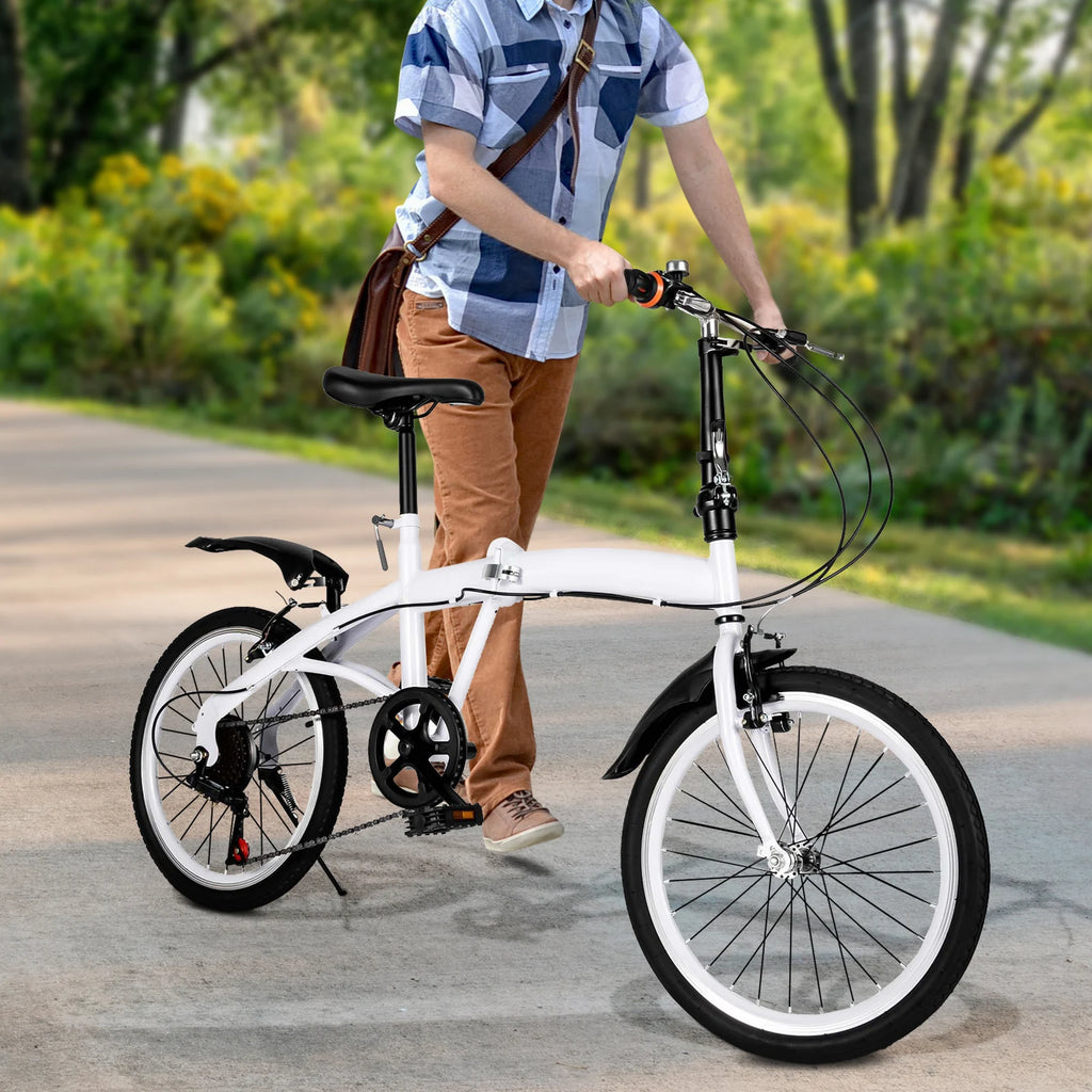 White Foldable Bicycle for Kids & Adults (4.6-6.2ft) - 6-Speed, Dual V-Brakes,Portable for Outdoor, Muddy, Mountain Roads