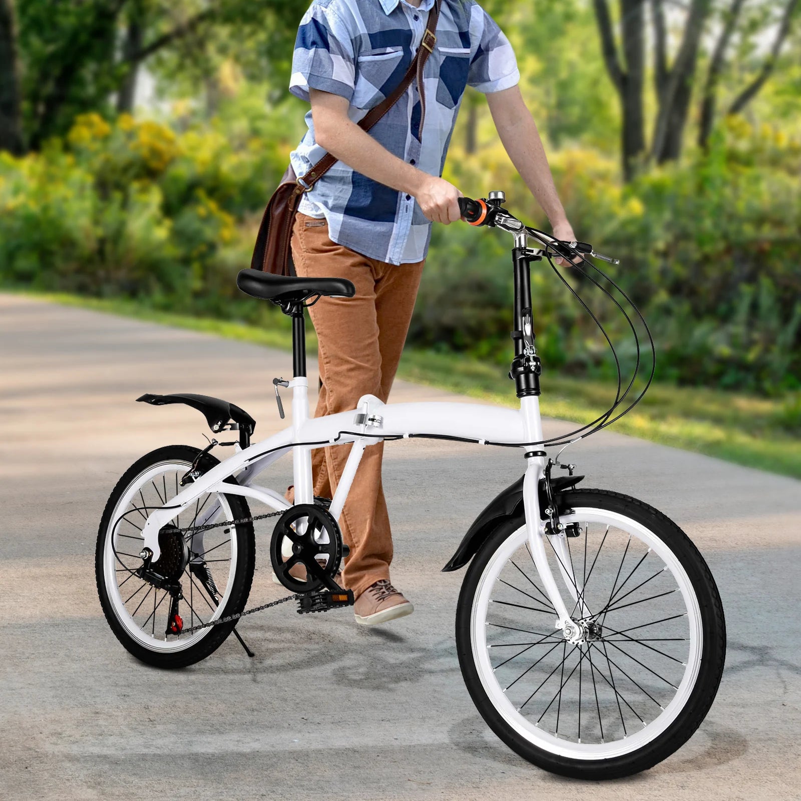 White Foldable Bicycle for Kids & Adults (4.6-6.2ft) - 6-Speed, Dual V-Brakes,Portable for Outdoor, Muddy, Mountain Roads