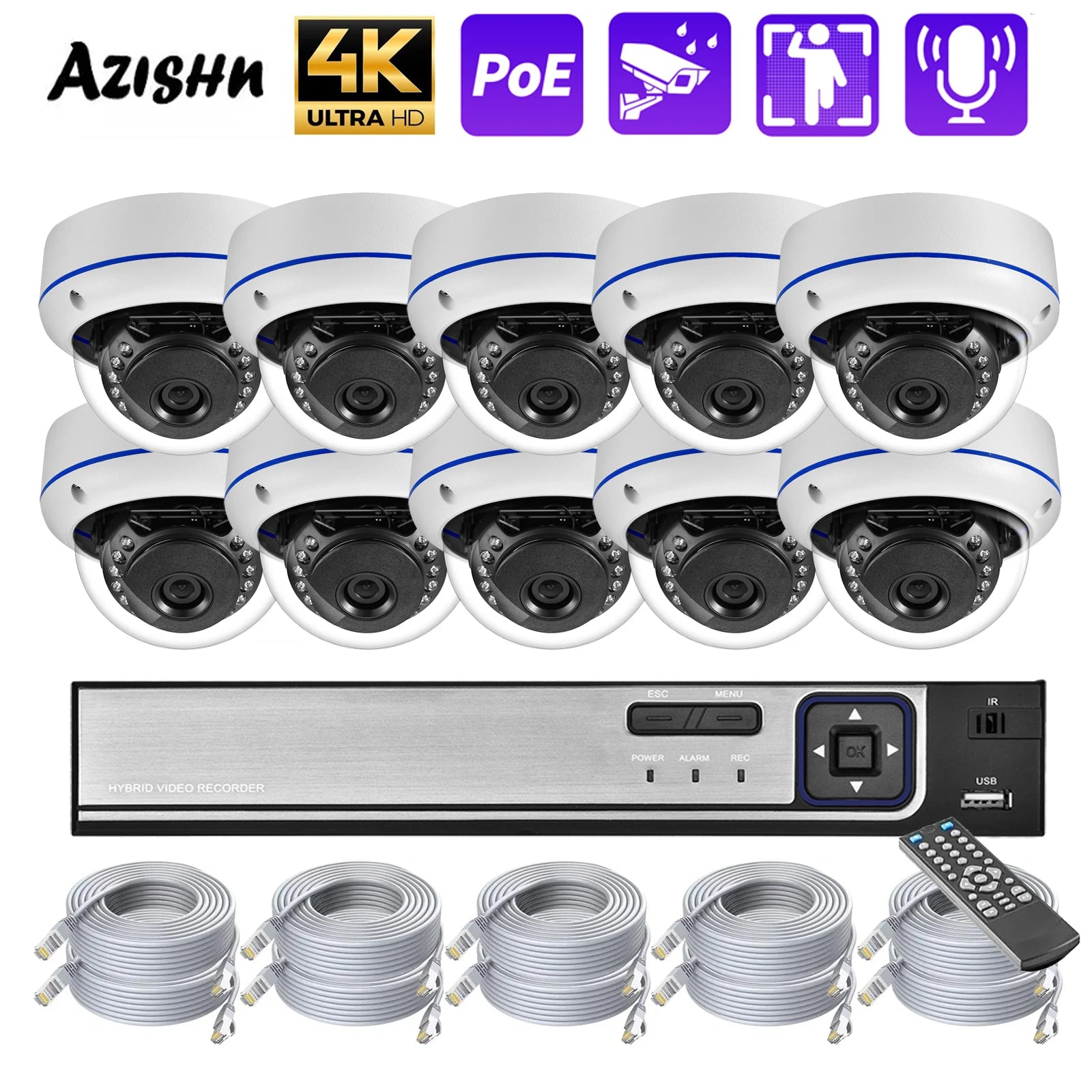 Kit de caméra de sécurité POE 10 canaux 4K 8MP Audio Détection de mouvement Caméra dôme extérieure anti-vandalisme 5MP 4MP Protection de surveillance CCTV