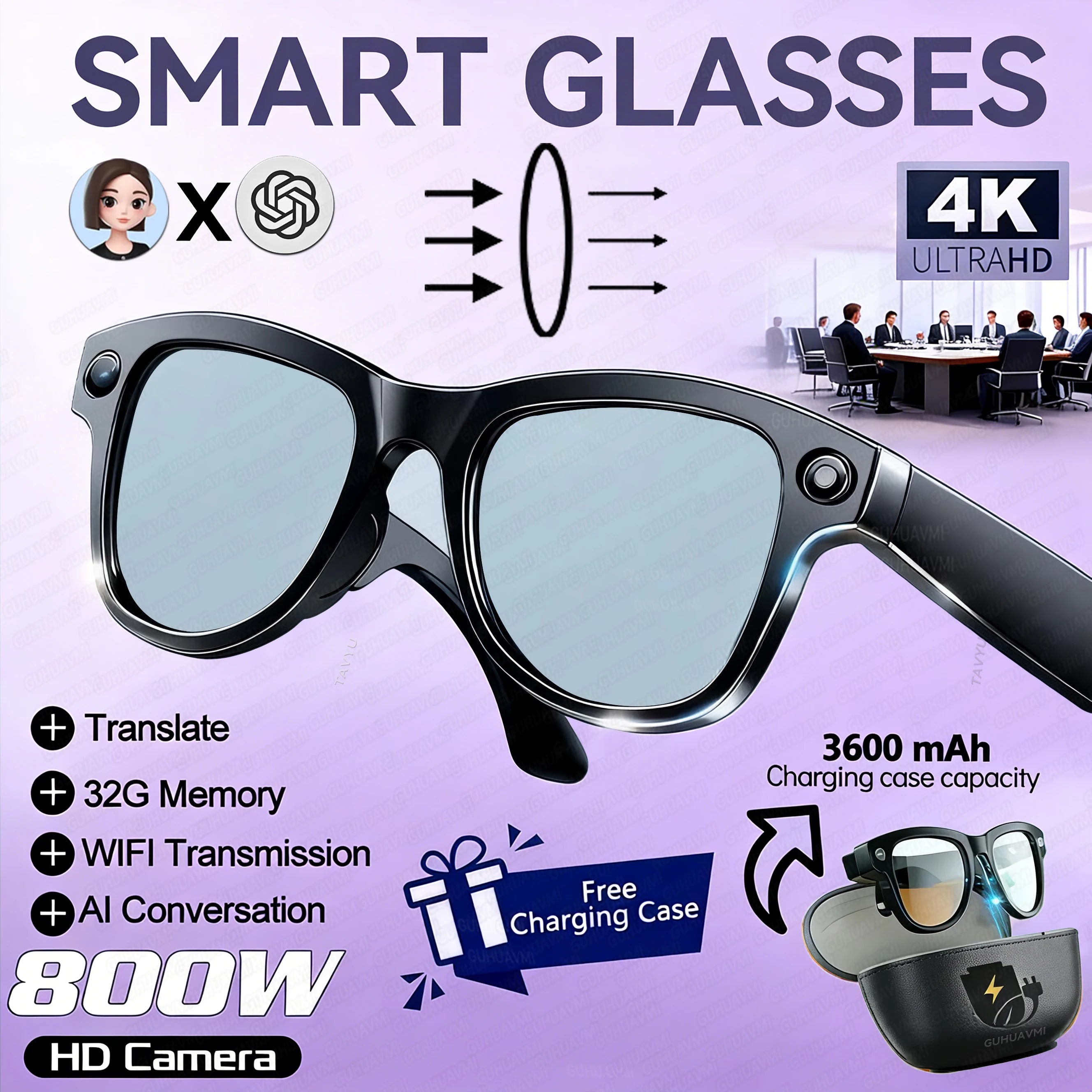 Lunettes connectées IA — Appareil photo 800 MP, batterie externe 3600 mAh, traduction de plus de 100 langues, Wi-Fi