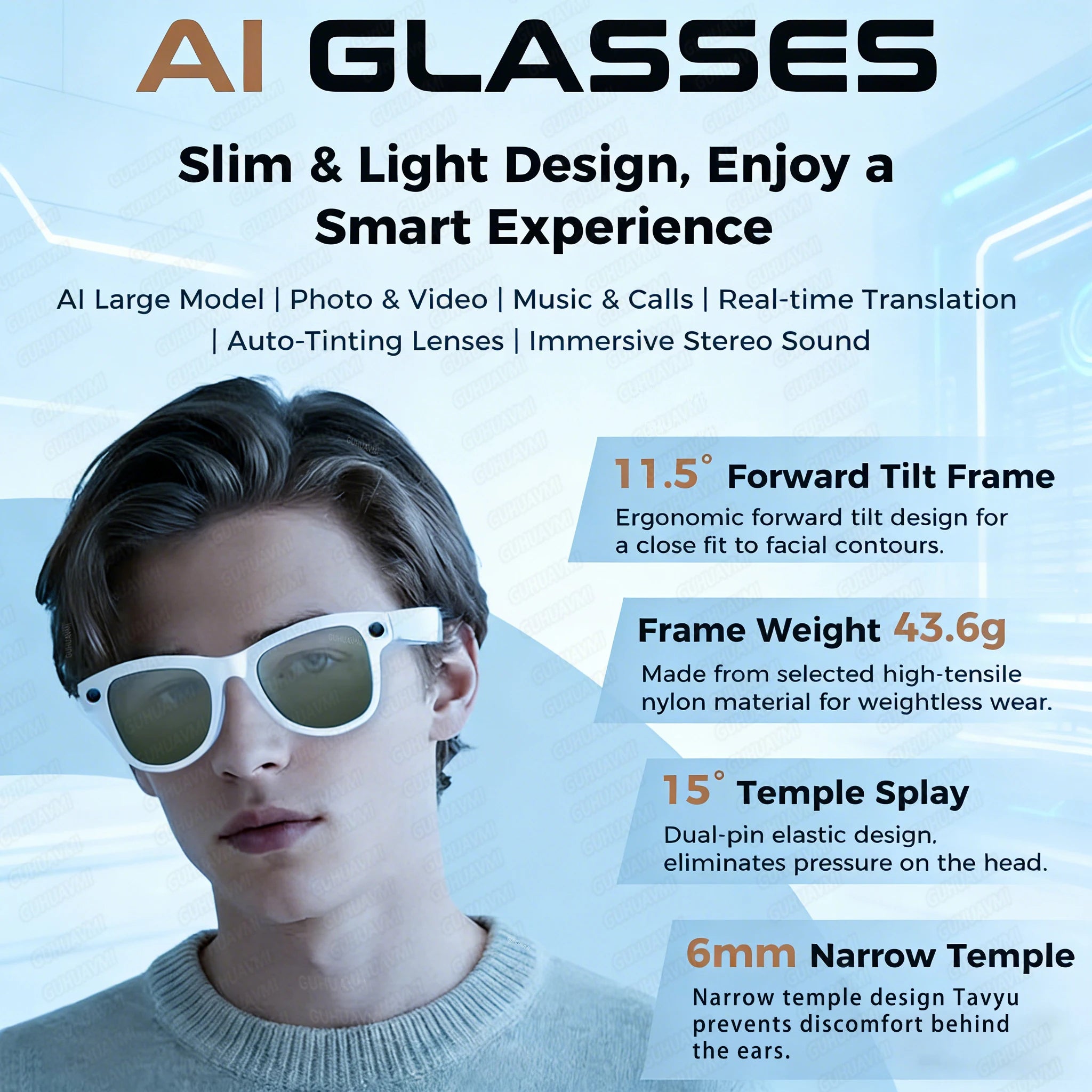 Lunettes connectées IA — Appareil photo 800 MP, batterie externe 3600 mAh, traduction de plus de 100 langues, Wi-Fi