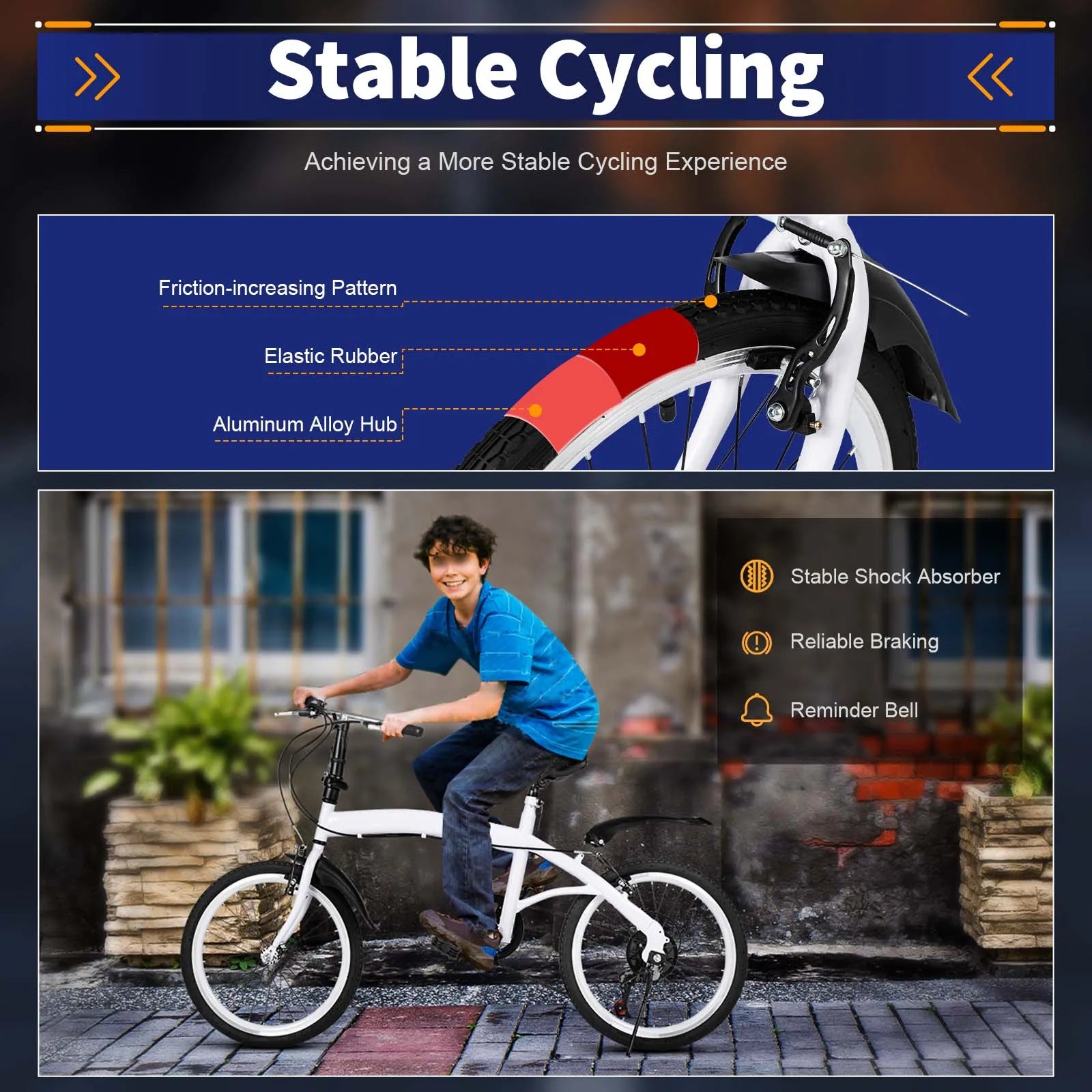 White Foldable Bicycle for Kids & Adults (4.6-6.2ft) - 6-Speed, Dual V-Brakes,Portable for Outdoor, Muddy, Mountain Roads