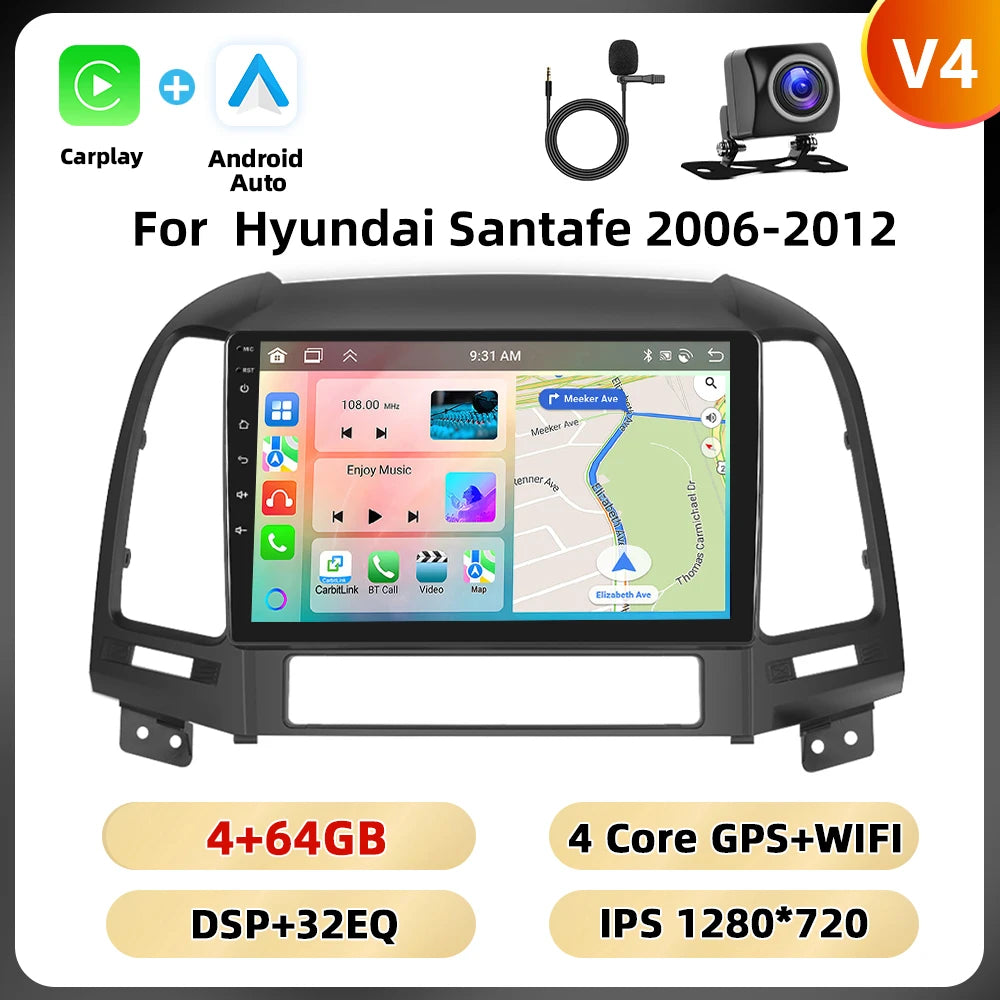 Podofo Hyundai Santa Fe — 8+128G, CarPlay, 4G