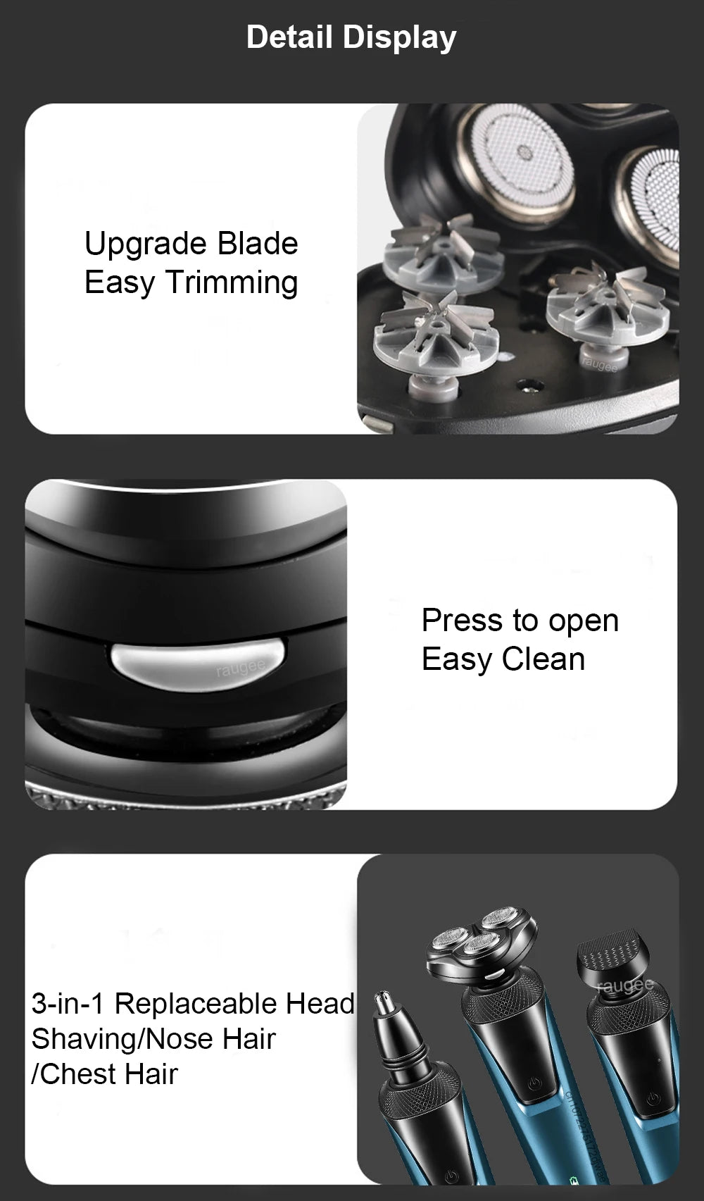 Electrical Rotary Shaver for Men Rechargeable Washable Beard Shaver 3-in-1 Electric Shaver Hair Clipper Nose Hair Trimmer