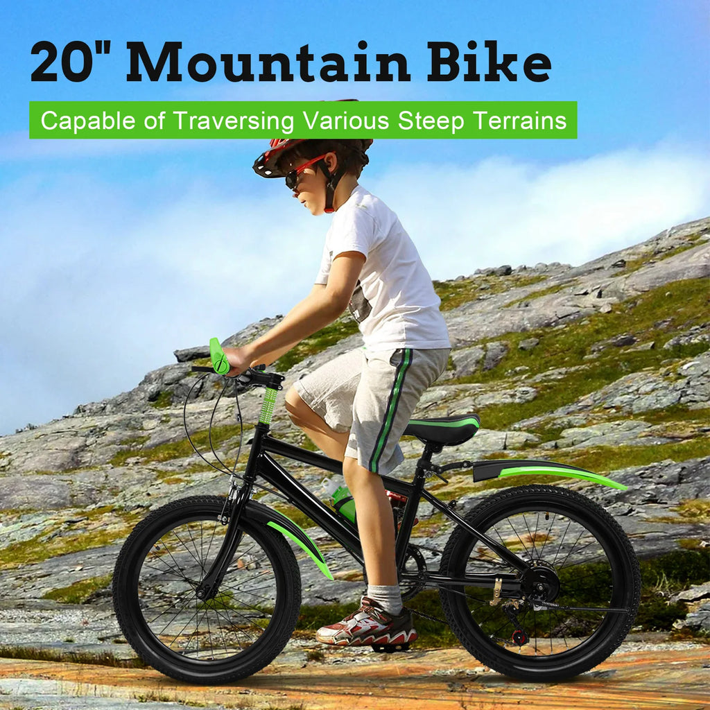 20 Inch Kids Bike Children Bicycle for Boys Girls Ages 8-12 Years Old, MTB Mountain Bike 7 Speed City Bike, GREEB/RED