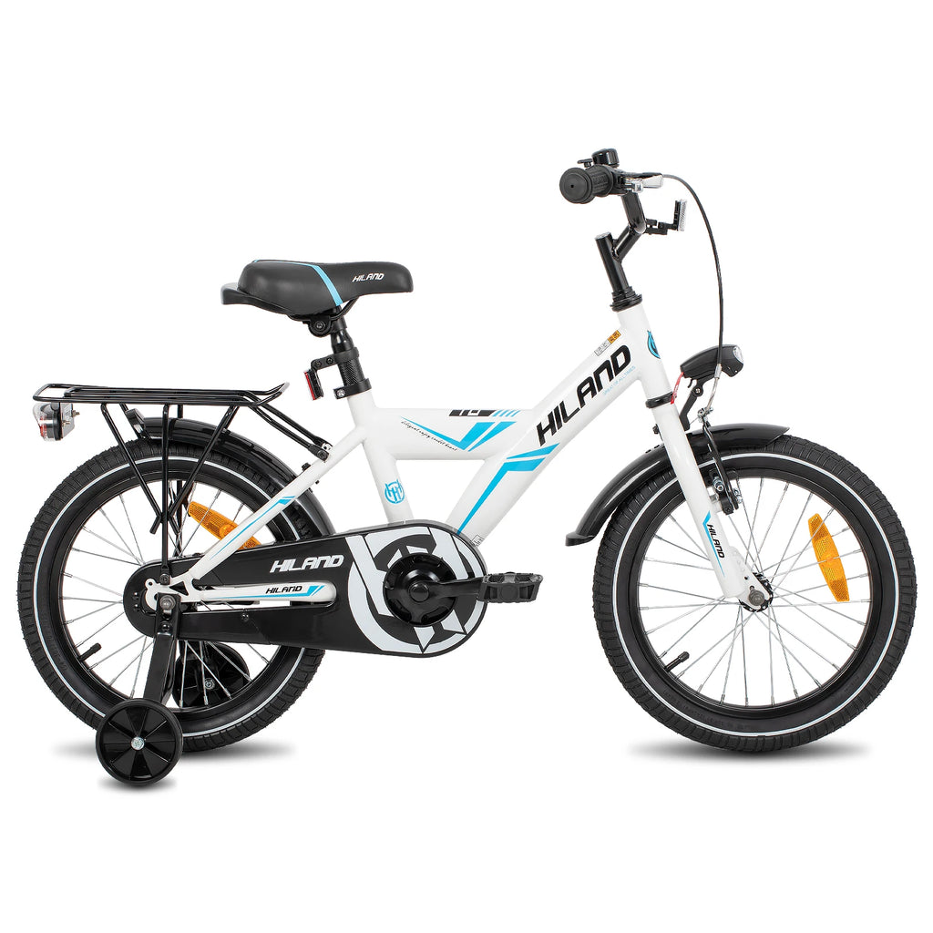 Hiland 16/18 Inch Kids Bike, Bike for Boys and Girls 4-9 Years, Black/White Kids Bicycle with Luggage Rack Stabilisers