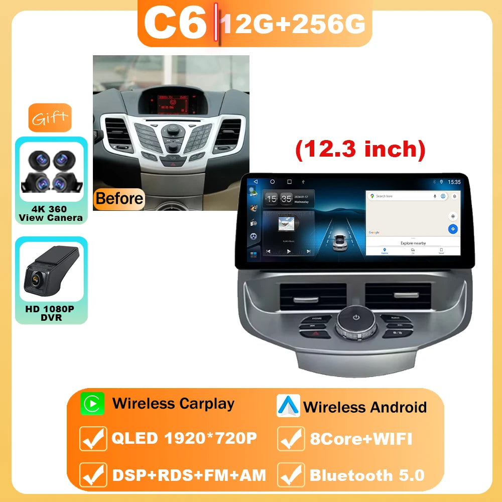 12.3" Android 15 Car Radio — Compatible with Ford Fiesta | QLED | 4G