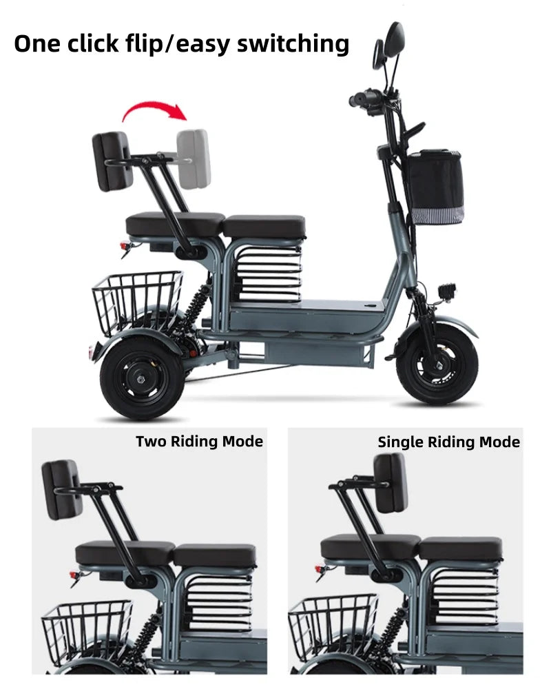 Powerful Parent Child Adult Electric Tricycle 3 Wheel For Elderly 2 Seat 800W Battery Removable Long Range Electric Scooter 60KM