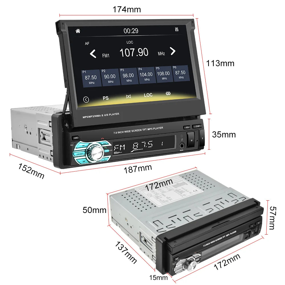 Podofo 1Din — Retractable Screen, CarPlay, Android Auto