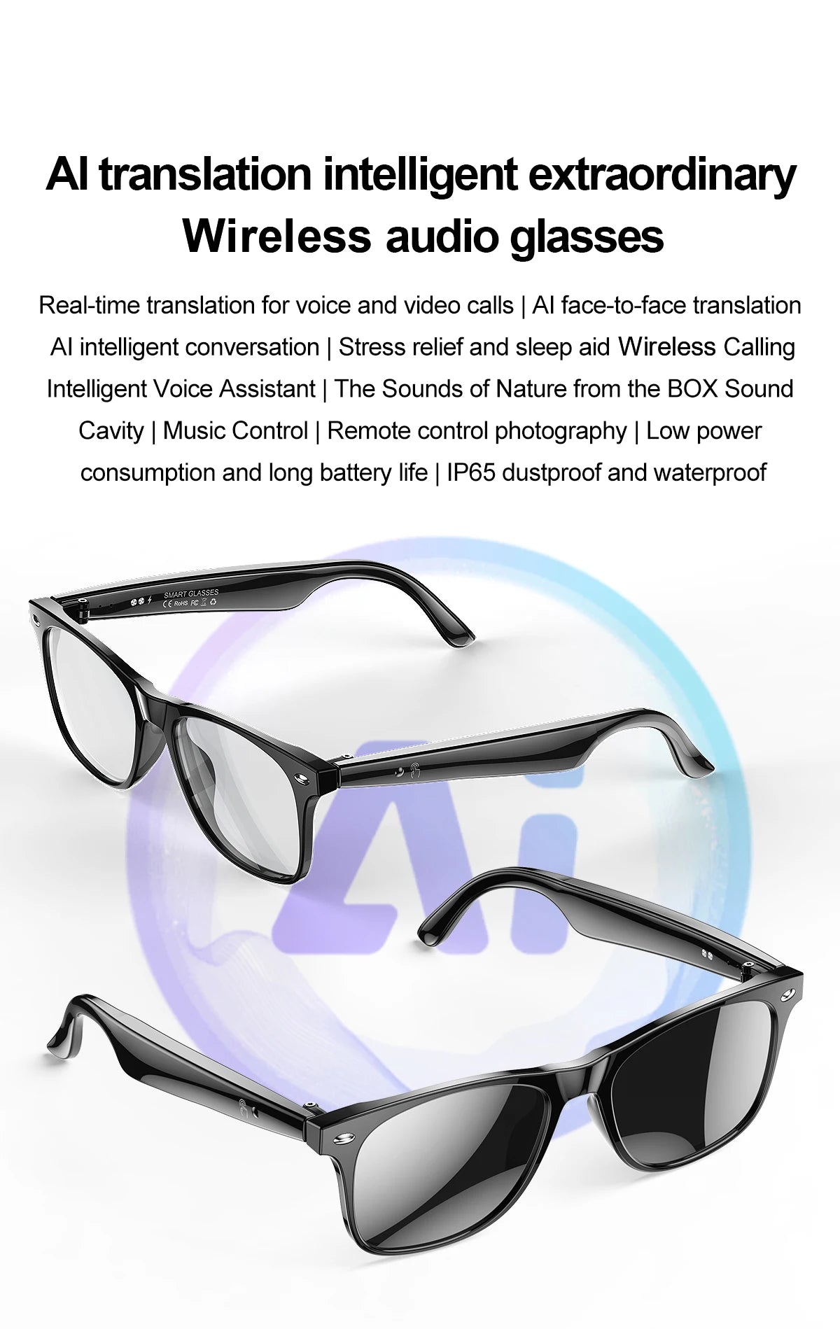 LIGE Smart Glasses – Kabelloses Bluetooth, integriertes Mikrofon, Touch-Steuerung & Übersetzung