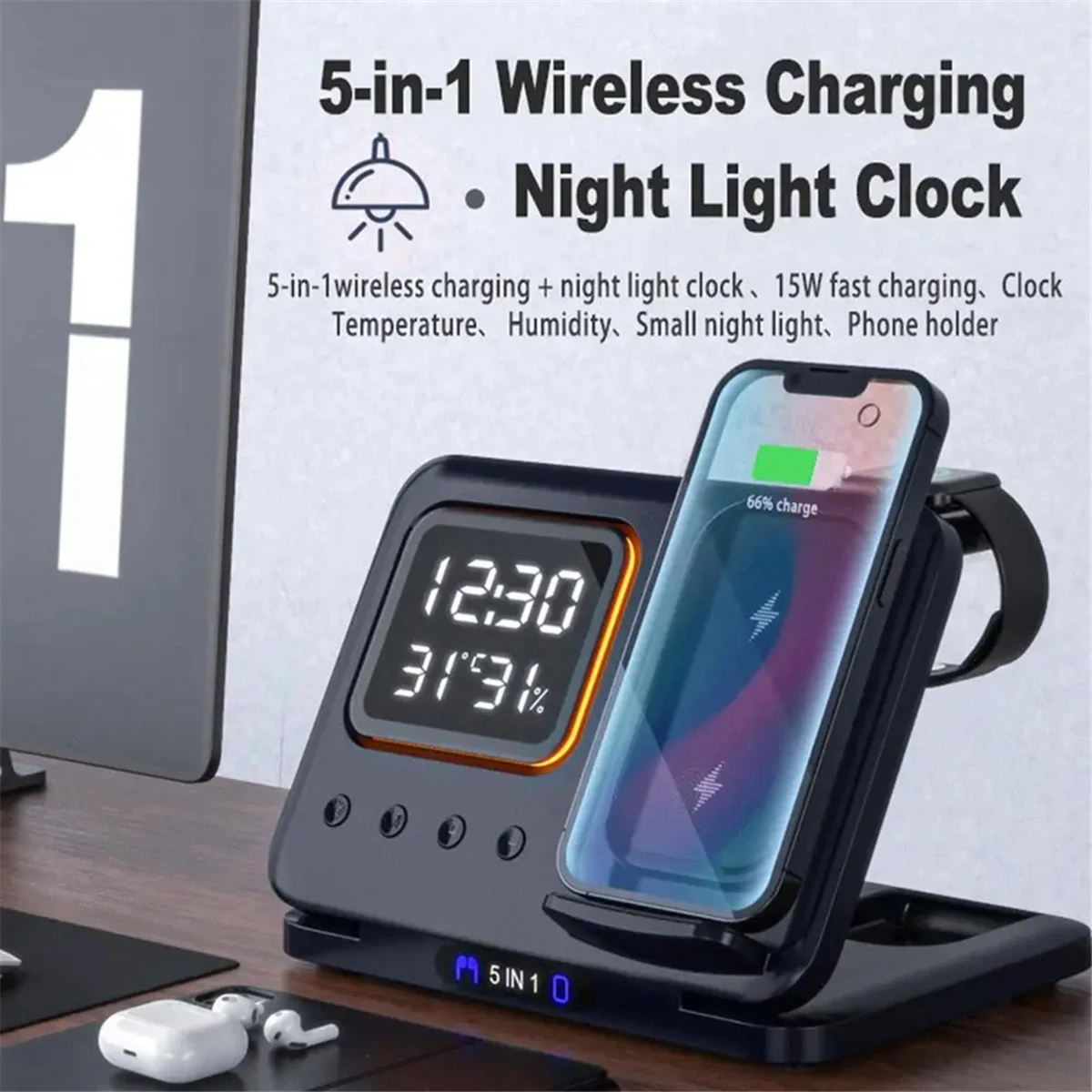 5-in-1 Charging Station — LED Clock, Fast Charge