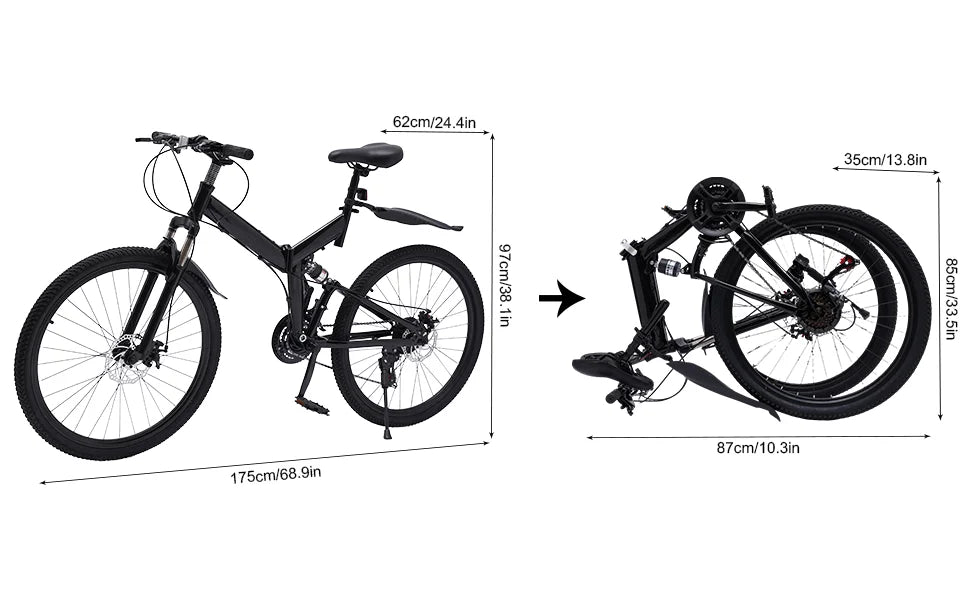 26 Inch Folding Mountain Bike 21 Speed Double Disc Brake Carbon Steel Frame Foldable Design 100kg Load Adult Bicycle