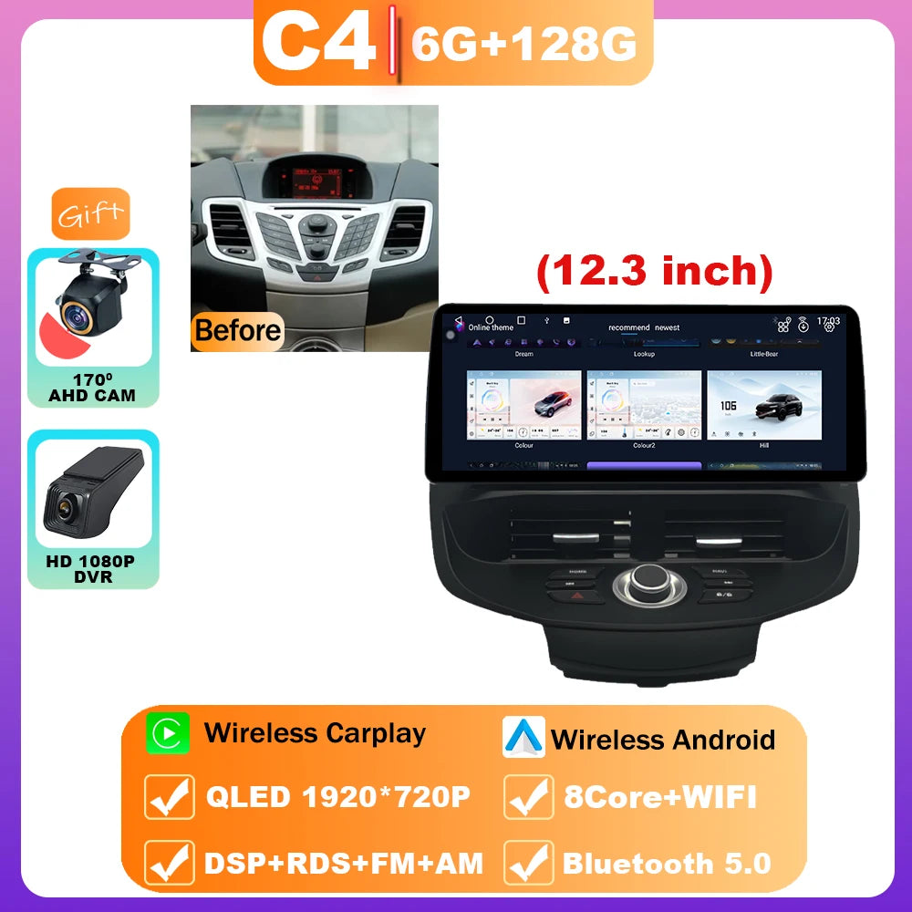 12.3" Android 15 Car Radio — Compatible with Ford Fiesta | QLED | 4G