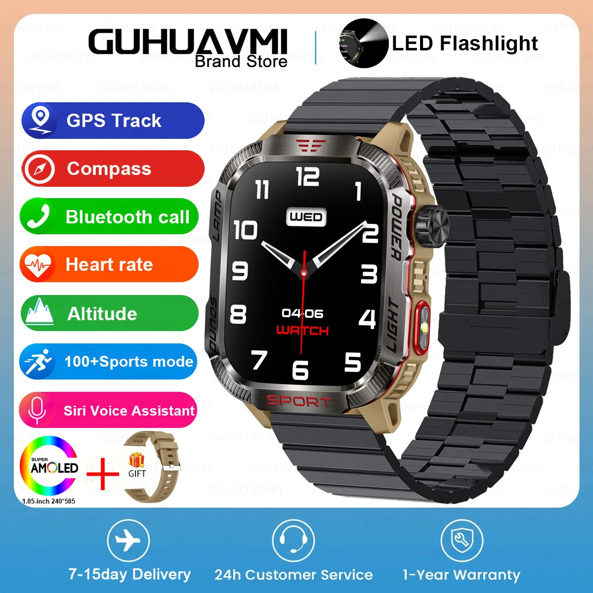 GUHUAVMI Outdoor Watch — AMOLED, GPS, Bluetooth