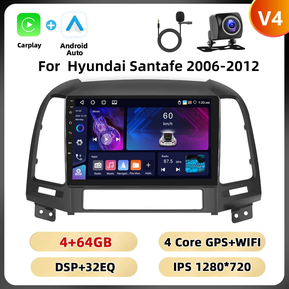 Podofo Hyundai Santa Fe — 8+128G, CarPlay, 4G