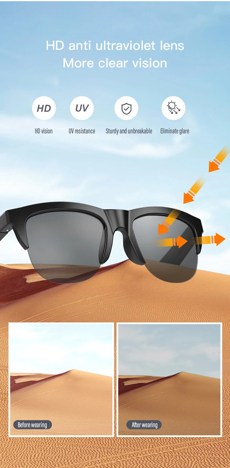 Smart Bluetooth Sunglasses — HiFi Audio, UV Protection