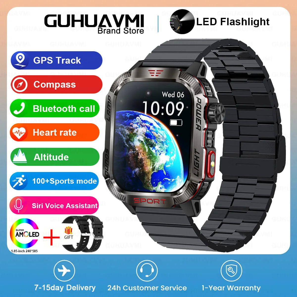 GUHUAVMI Outdoor Watch — AMOLED, GPS, Bluetooth